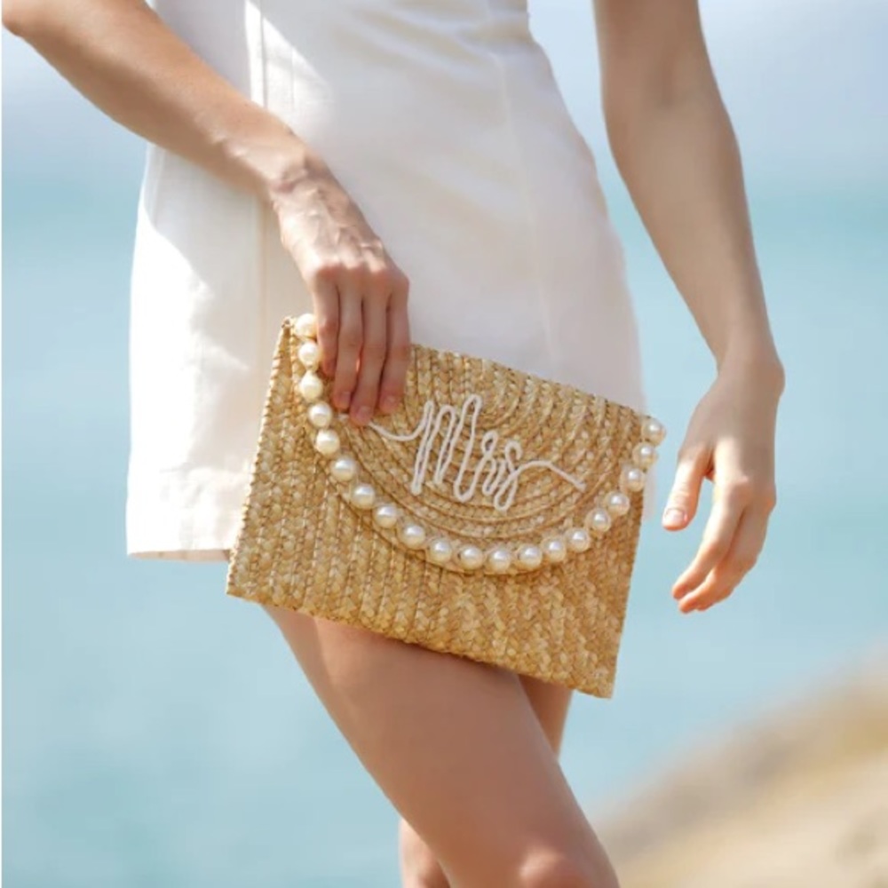 SHIRALEAH PERLA "MRS" BRIDE CLUTCH, NATURAL